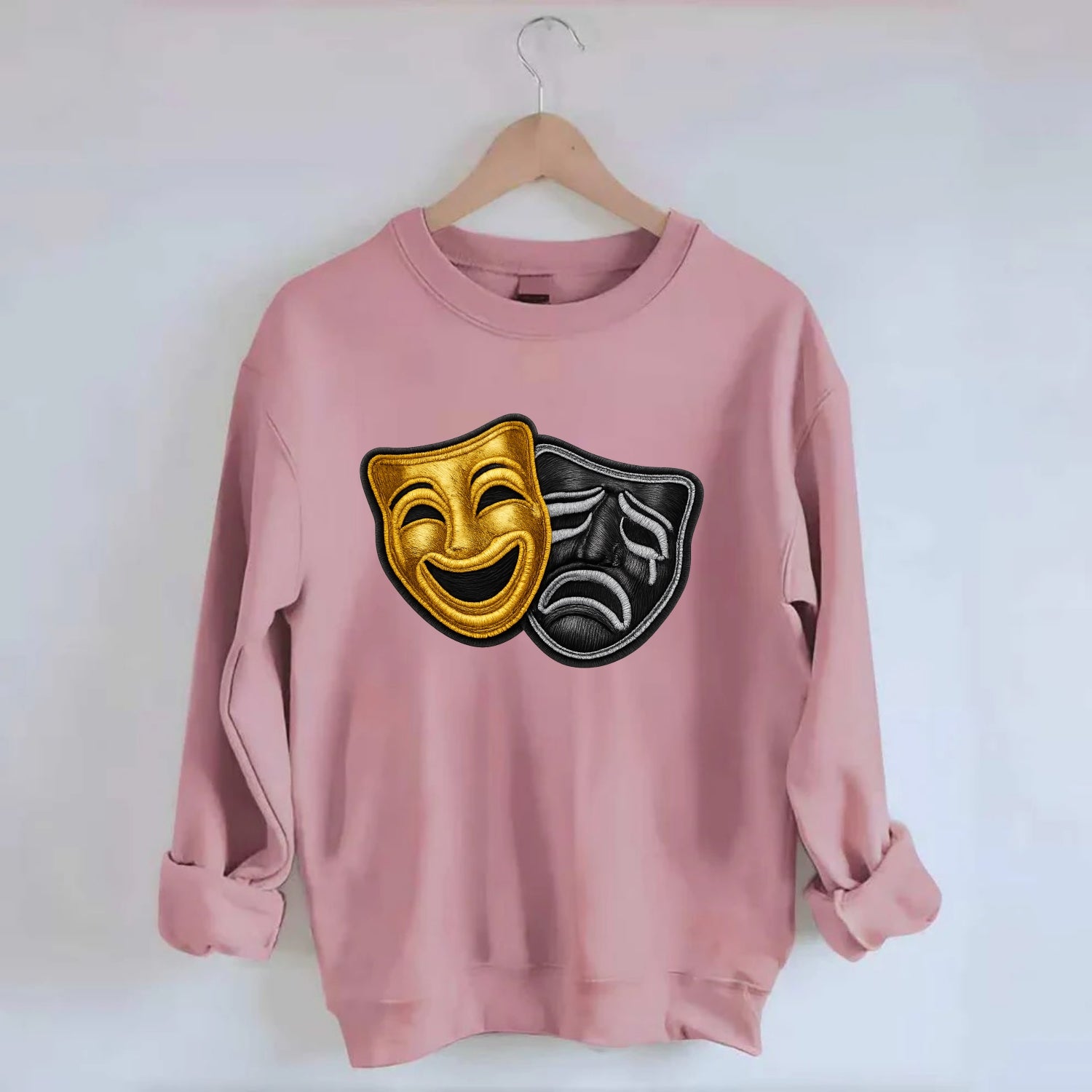 BROADWAY MASKS - comedy tragedy masks in gold and black , theater - Crewneck Sweatshirt - pink