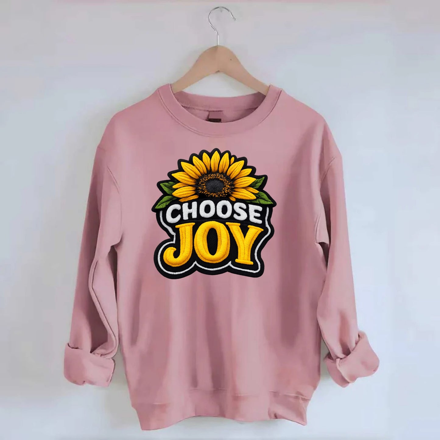 CHOOSE JOY - sunflower with text in yellow , happiness choice - Crewneck Sweatshirt - pink