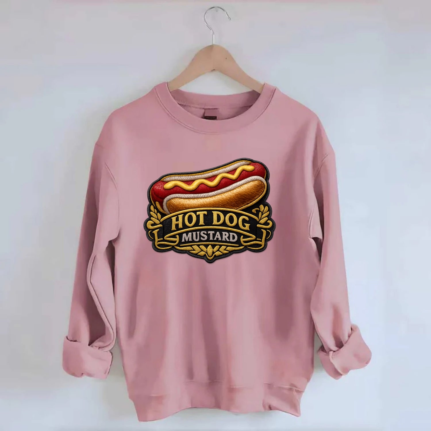HOT DOG MUSTARD - classic hot dog in tan yellow red , ballpark food - Crewneck Sweatshirt - pink
