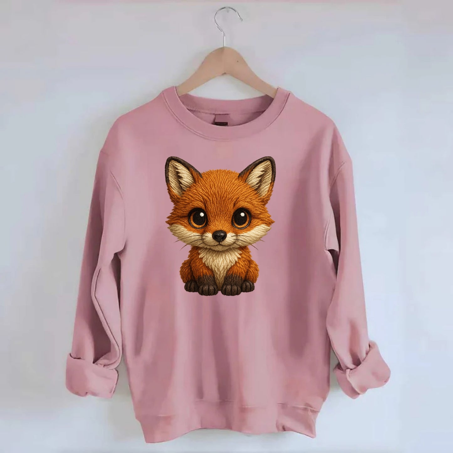 Baby Red Fox - russet fur, white chest, big amber eyes, perky ears, - Crewneck Sweatshirt - pink