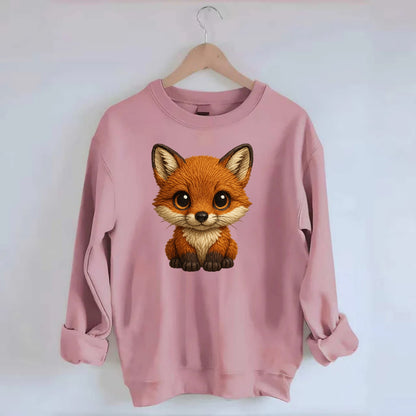 Baby Red Fox - russet fur, white chest, big amber eyes, perky ears, - Crewneck Sweatshirt - pink