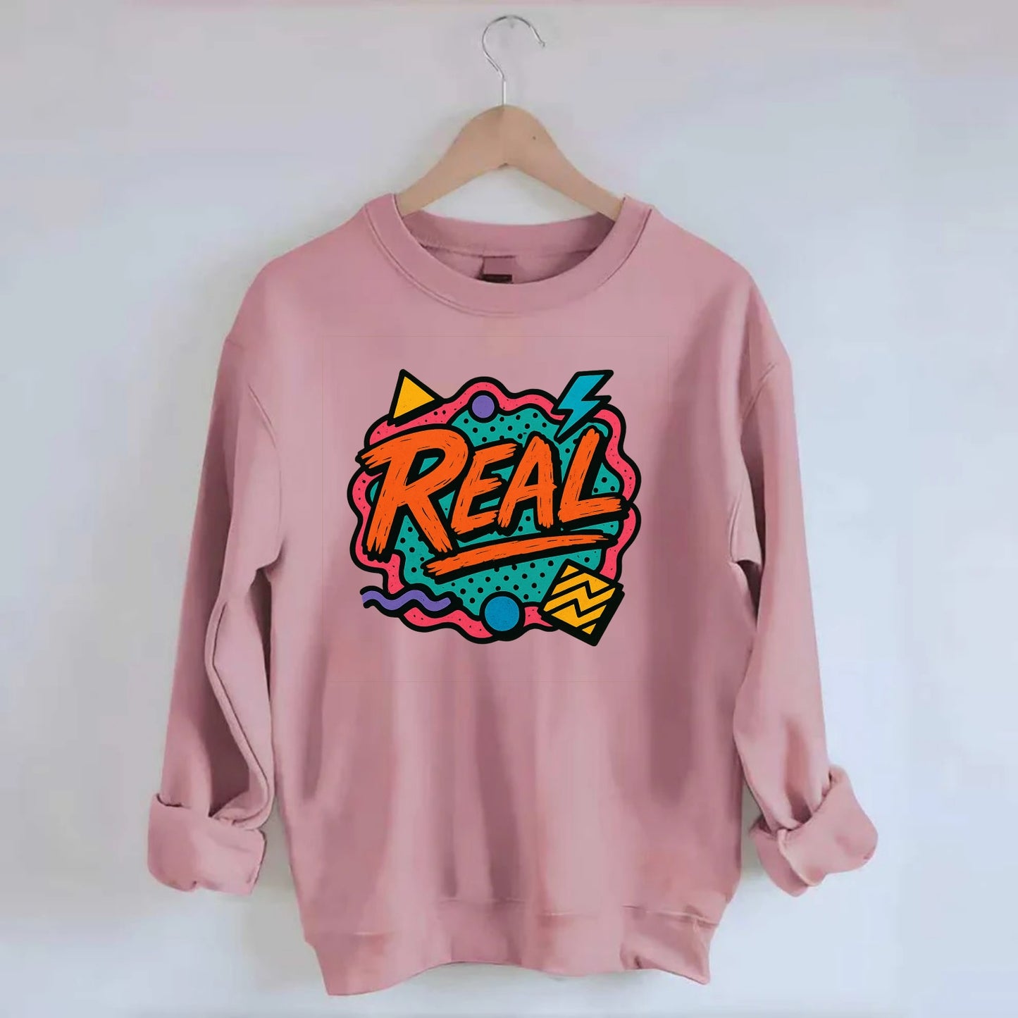 Imperfect brush strokes spelling "Real" - authenticity over perfection, raw - Crewneck Sweatshirt - pink