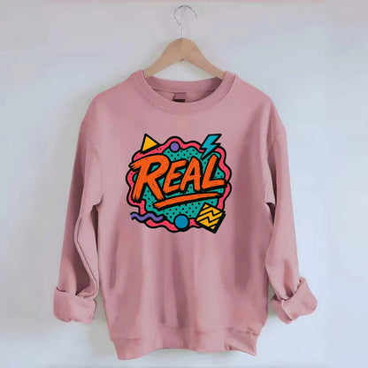 Imperfect brush strokes spelling "Real" - authenticity over perfection, raw - Crewneck Sweatshirt - pink