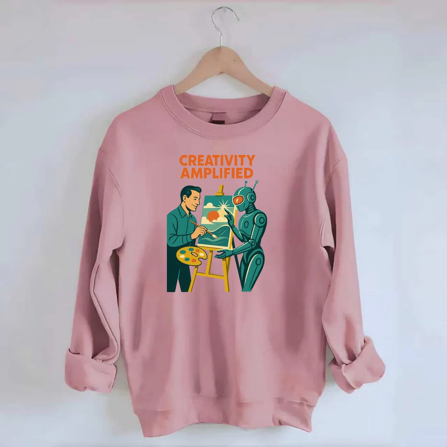 Artist and AI creating beautiful masterpiece together - "Creativity - Crewneck Sweatshirt - pink