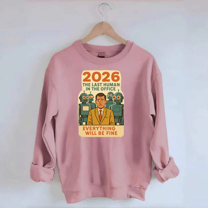 Single human worker surrounded by robot coworkers - "The last human in the - Crewneck Sweatshirt - pink
