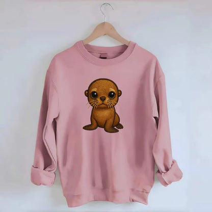 Baby California Sea Lion - golden brown, large expressive eyes, whiskers, - Crewneck Sweatshirt - pink