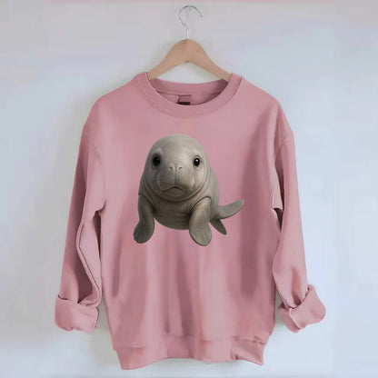 Baby Dugong - gray with paddle tail, gentle expression, whiskers, - Crewneck Sweatshirt - pink