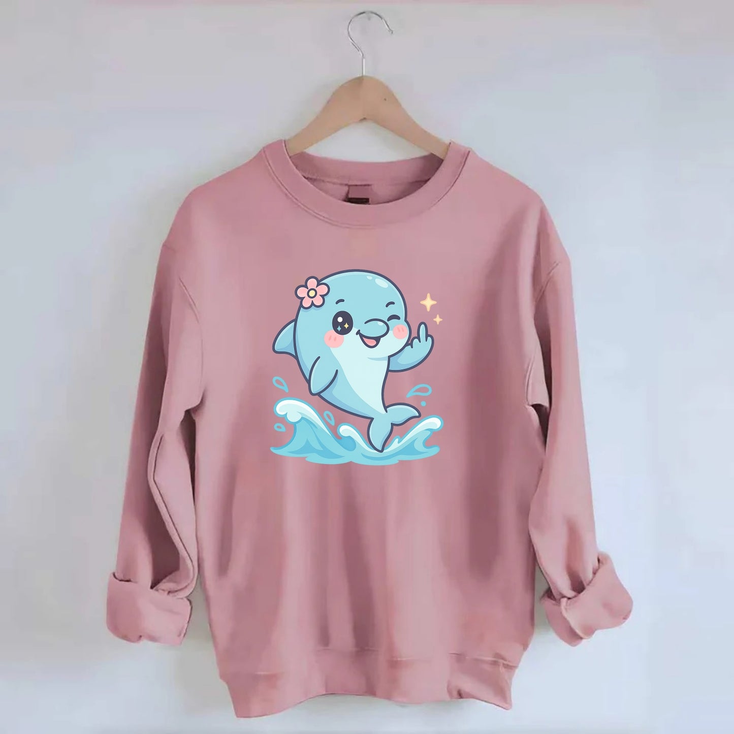 smiling dolphin jumping through ocean waves, one fin up with attitude - Crewneck Sweatshirt - pink