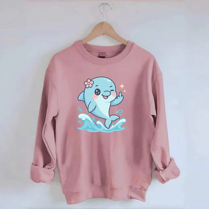smiling dolphin jumping through ocean waves, one fin up with attitude - Crewneck Sweatshirt - pink