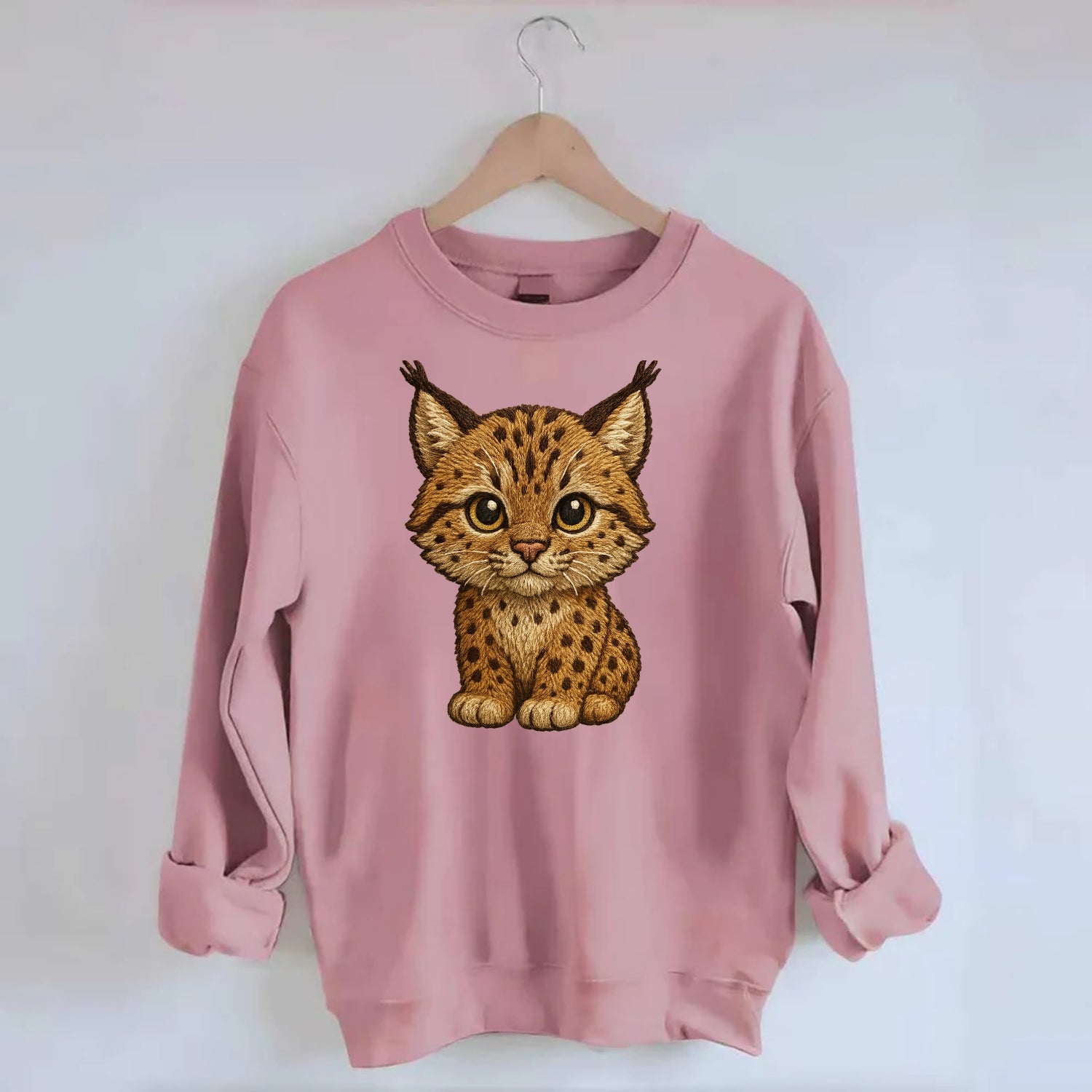 Baby Lynx Cub - tufted ears, spotted fur, golden eyes, front-facing, wild baby - Crewneck Sweatshirt - pink
