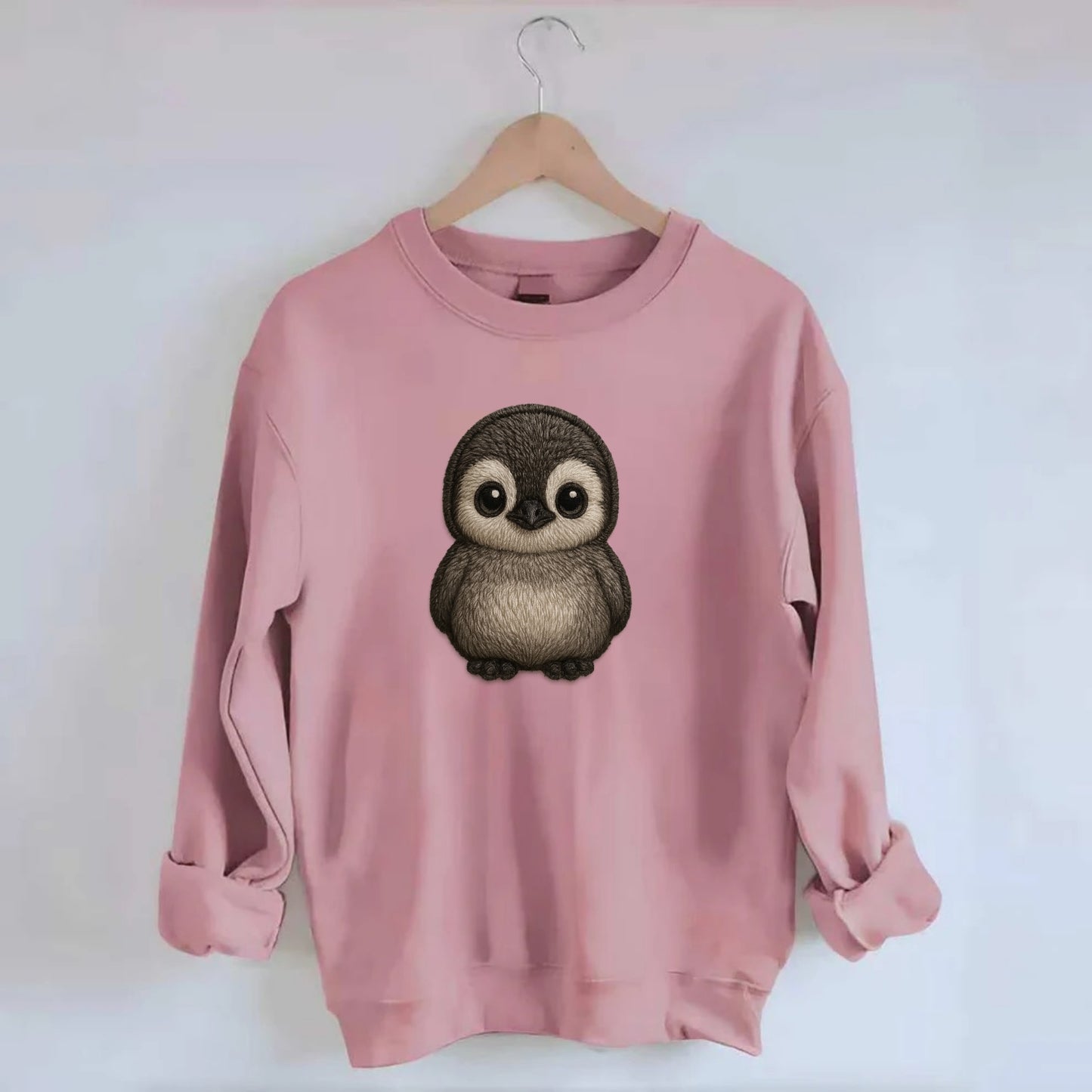 Baby Penguin Chick - gray fluffy, white face, round body, front-facing, - Crewneck Sweatshirt - pink