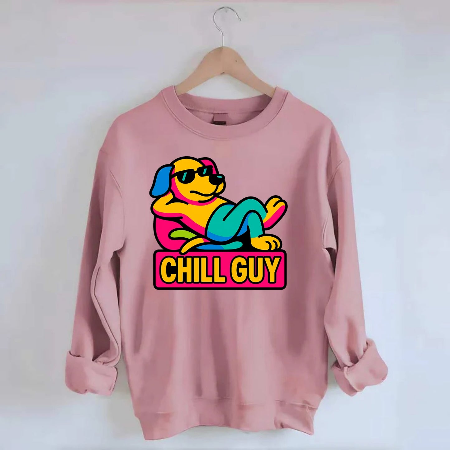 Super relaxed dog character lounging unbothered - "Chill Guy" meme energy, - Crewneck Sweatshirt - pink