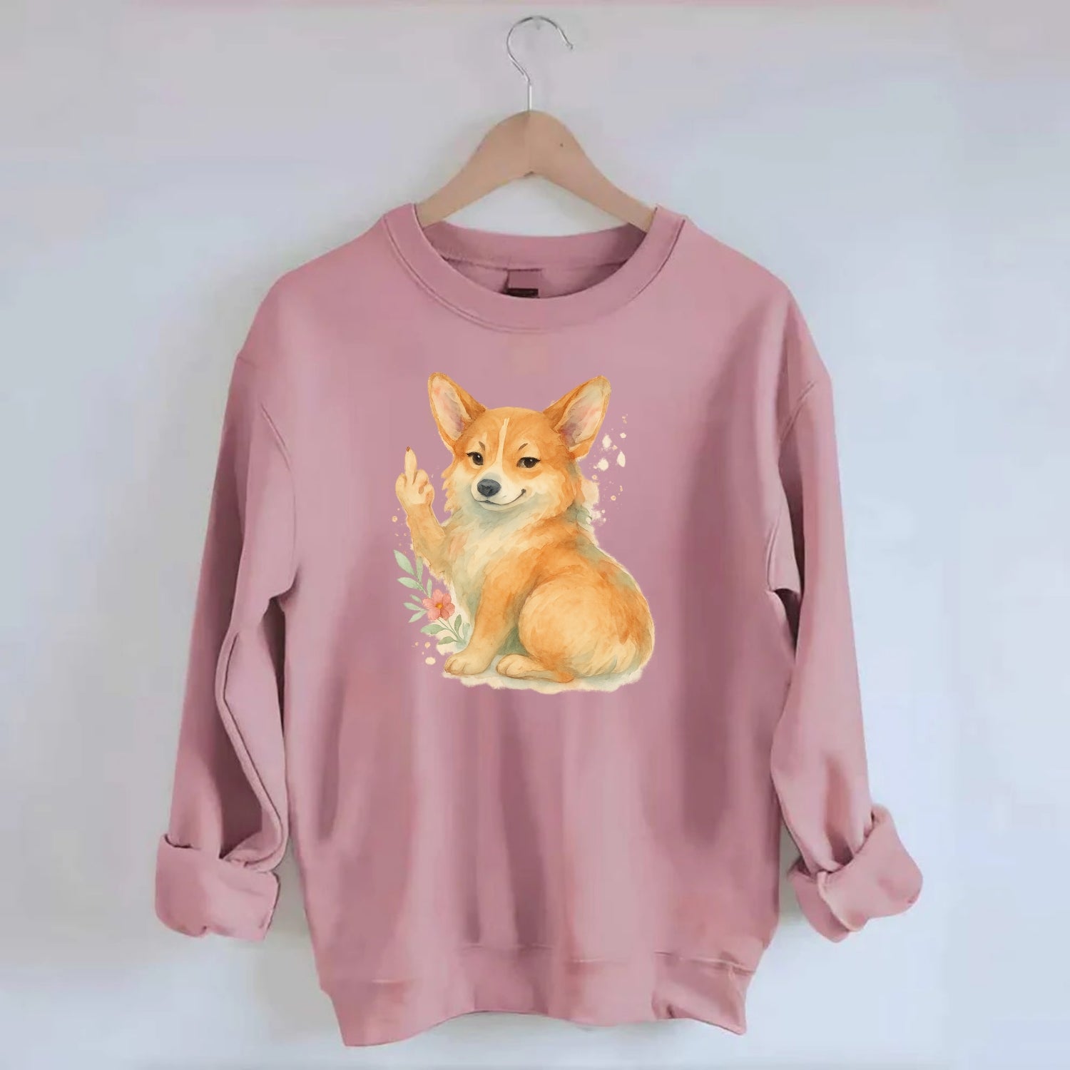 Corgi short legs and fluffy butt, one stubby paw up with sass - Crewneck Sweatshirt - pink