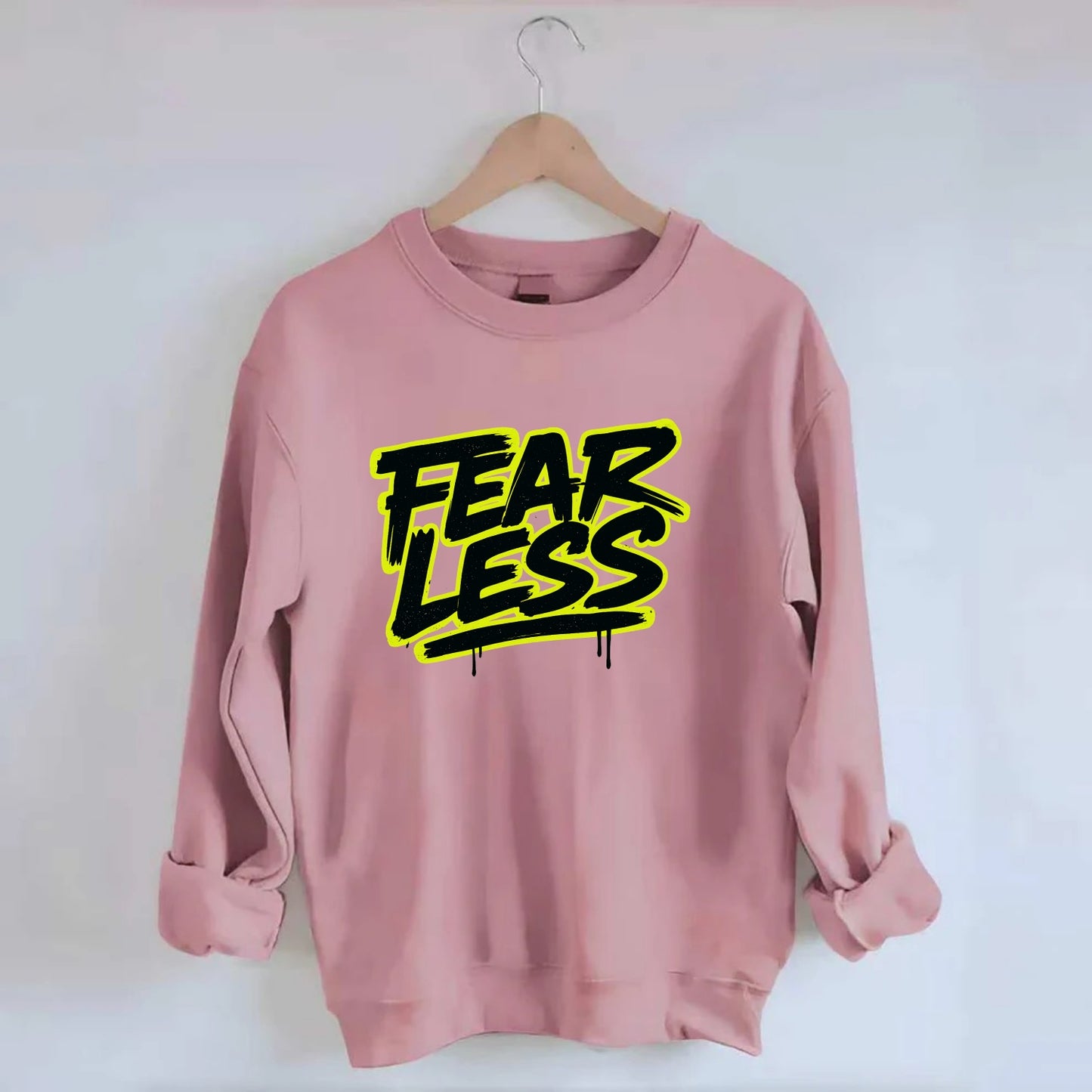 Bold typography design - "FEARLESS" - courage, bravery, facing challenges - Crewneck Sweatshirt - pink