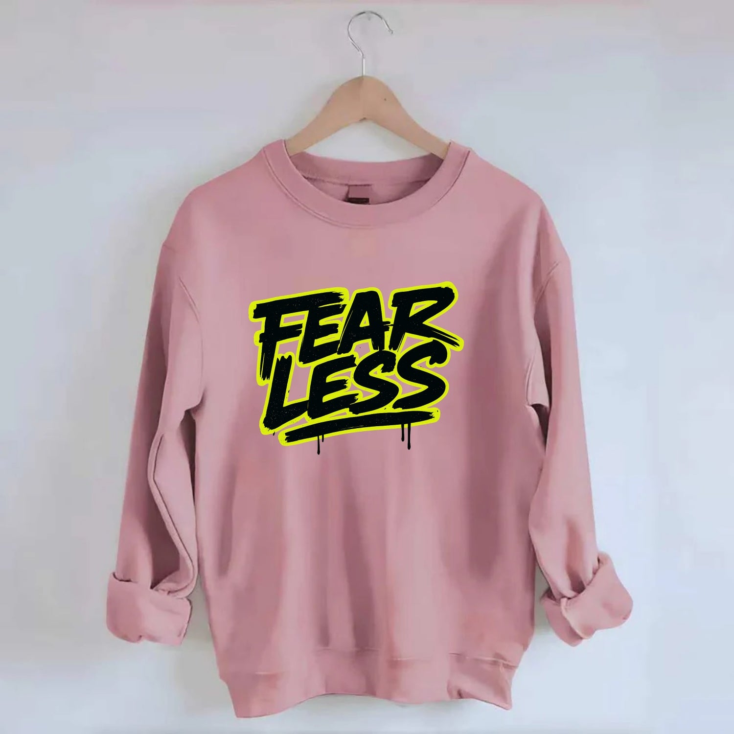 Bold typography design - "FEARLESS" - courage, bravery, facing challenges - Crewneck Sweatshirt - pink