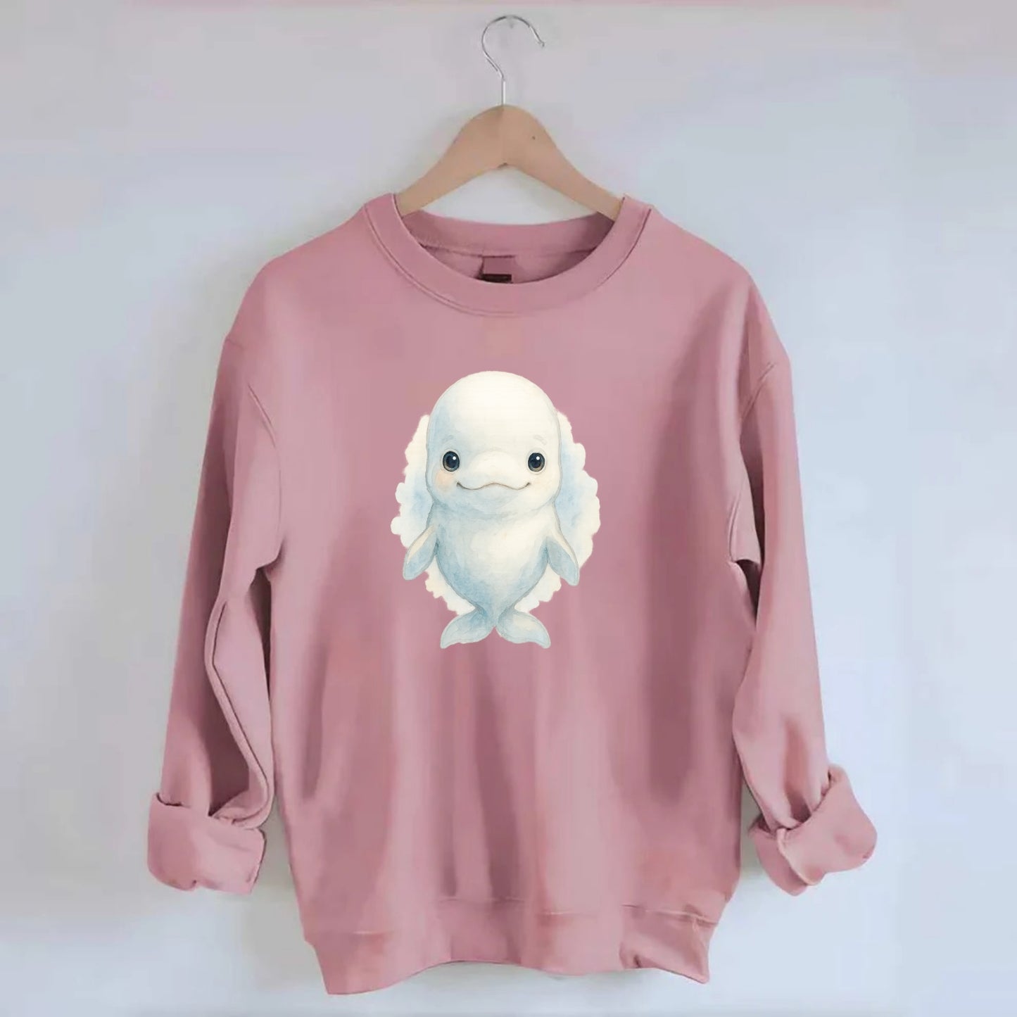 Baby Beluga Whale - pure white, rounded forehead, small eyes with big - Crewneck Sweatshirt - pink