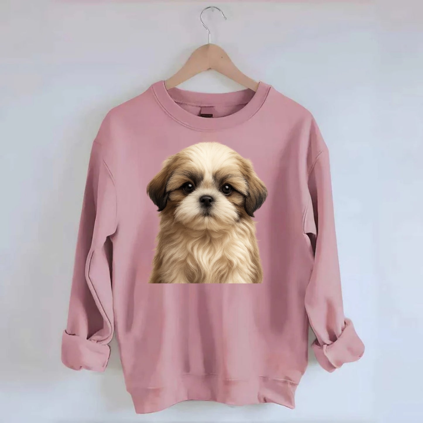 Baby Shih Tzu Puppy - long flowing coat, flat face, big dark eyes, - Crewneck Sweatshirt - pink