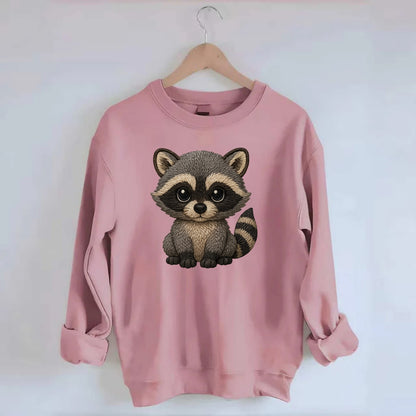 Baby Raccoon - gray fur, black mask, ringed tail, bright curious eyes, - Crewneck Sweatshirt - pink