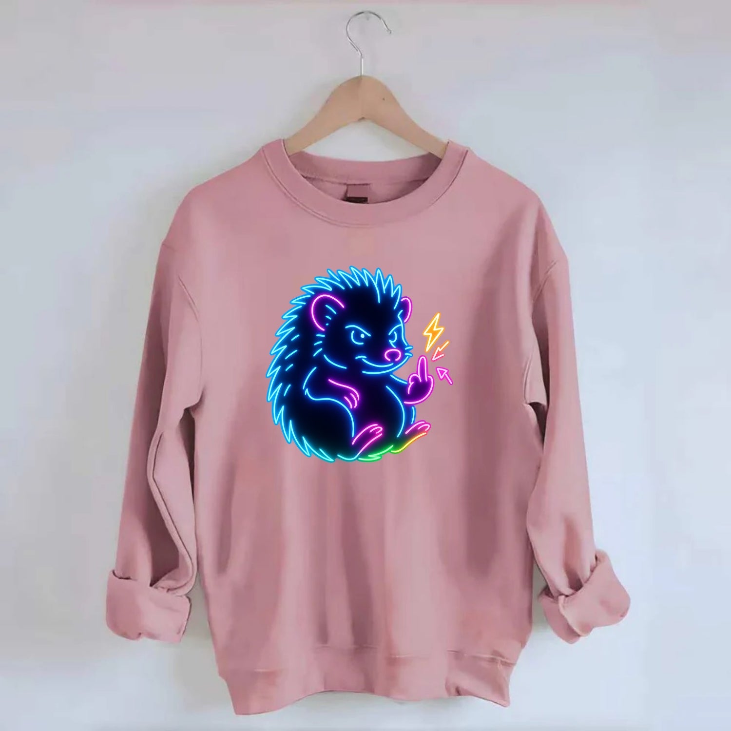 tiny hedgehog curled up slightly, one little paw raised flipping the bird - Crewneck Sweatshirt - pink