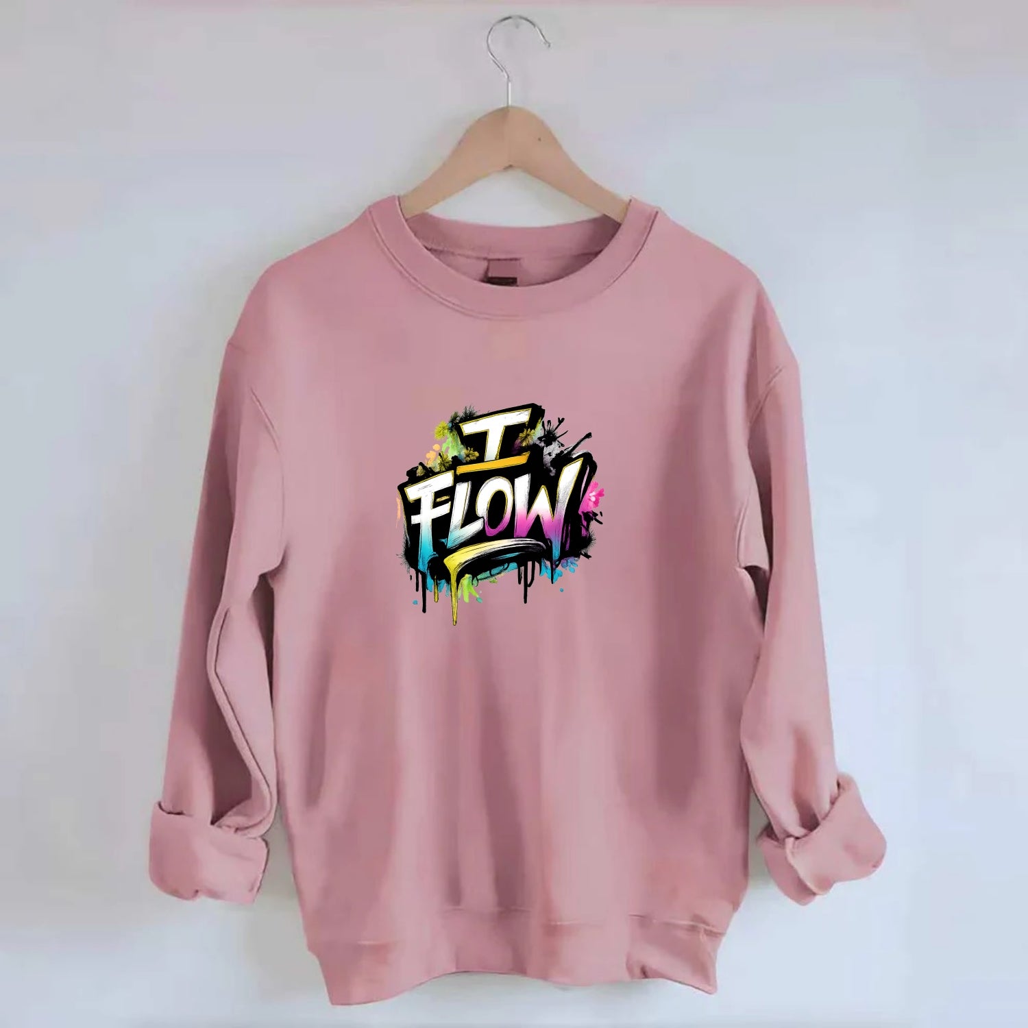 Bold typography design - "I FLOW" - going with life, easy movement - Crewneck Sweatshirt - pink