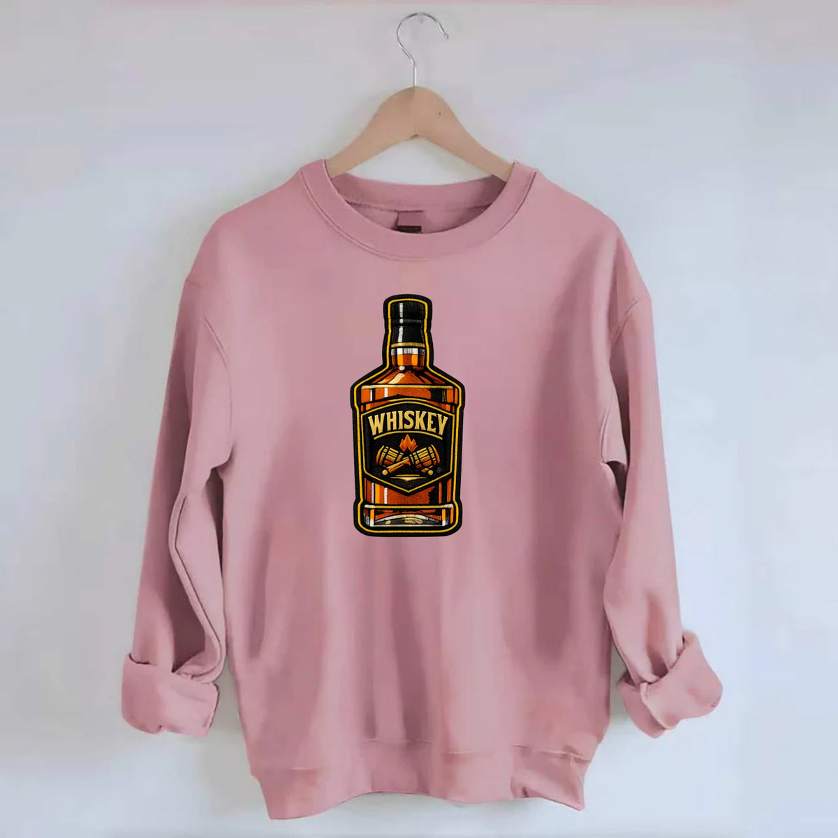 WHISKEY BOTTLE - bourbon bottle in amber and gold , spirits connoisseur - Crewneck Sweatshirt - pink