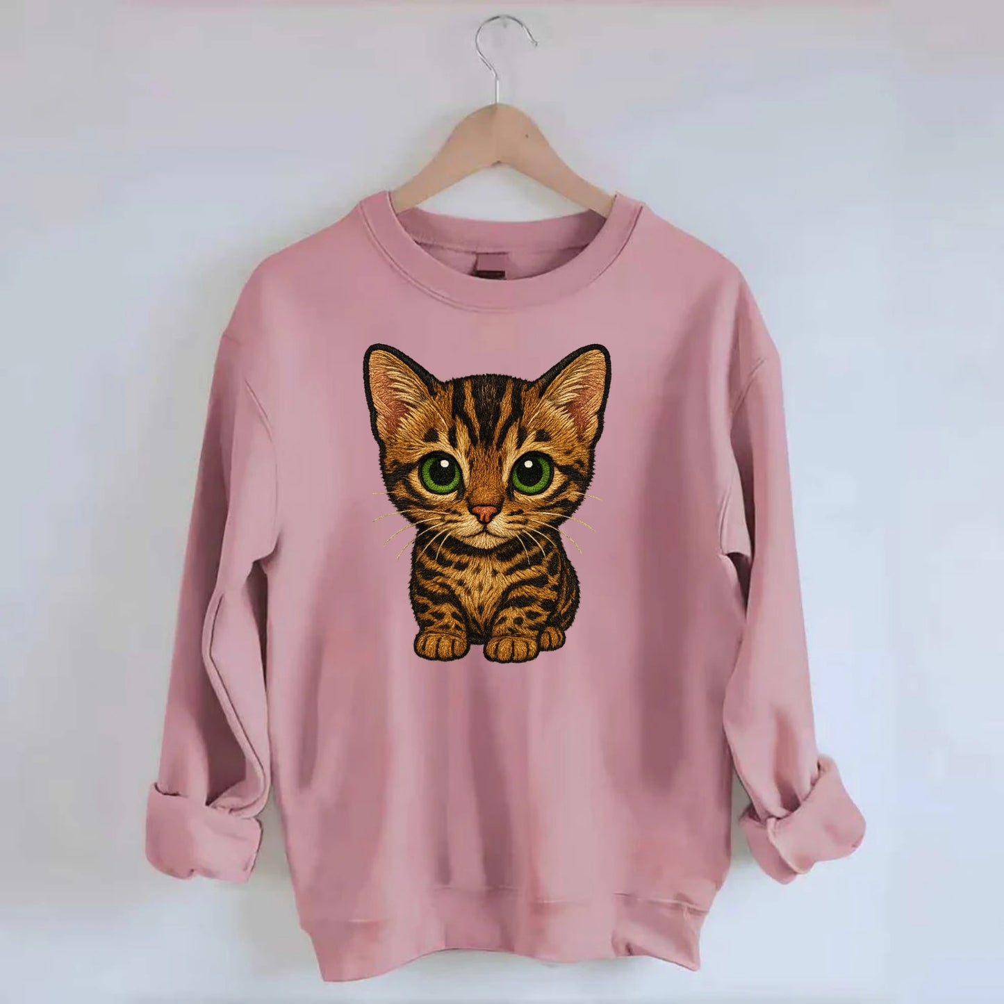 Baby Bengal Kitten - spotted/marbled wild coat, green eyes, athletic build, - Crewneck Sweatshirt - pink