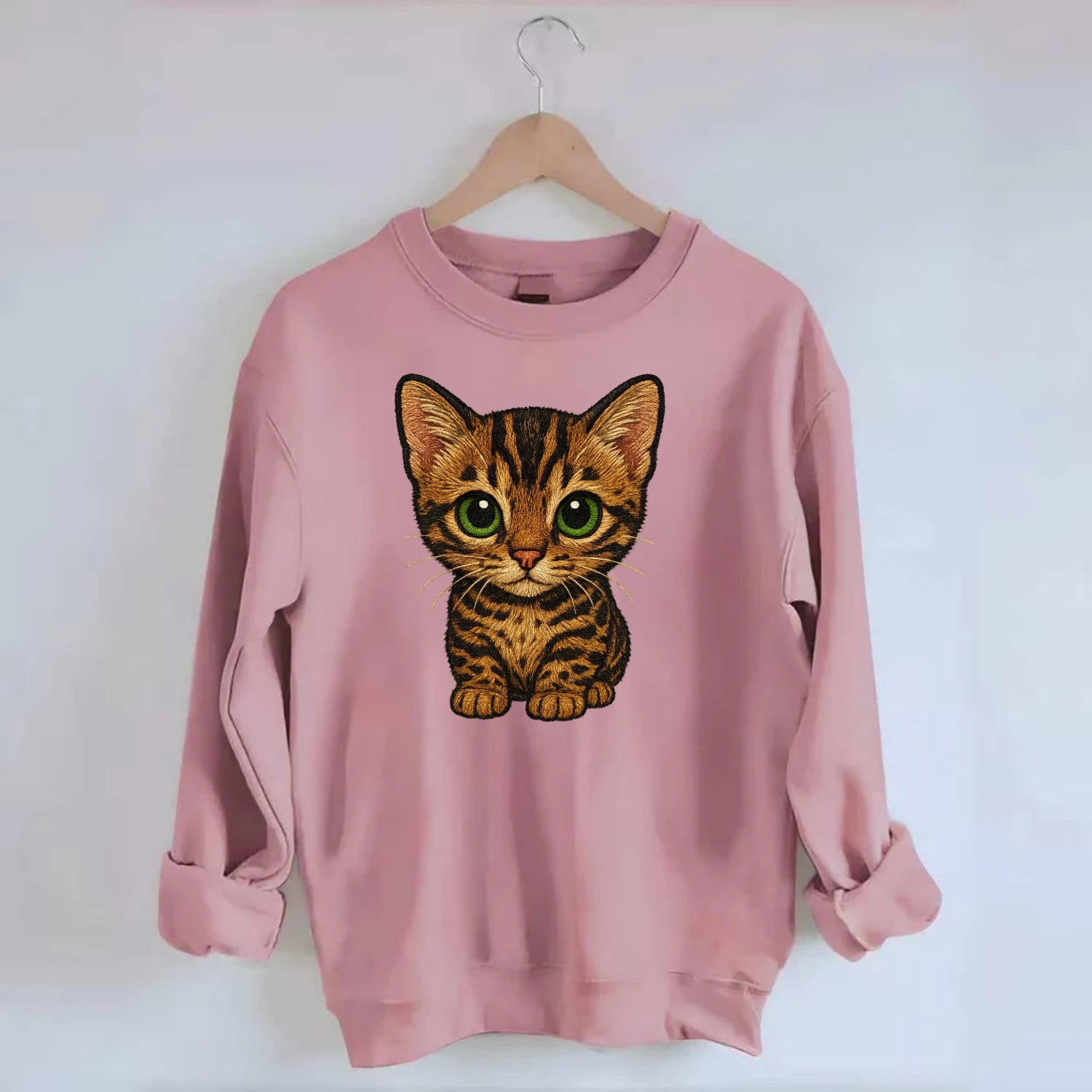 Baby Bengal Kitten - spotted/marbled wild coat, green eyes, athletic build, - Crewneck Sweatshirt - pink