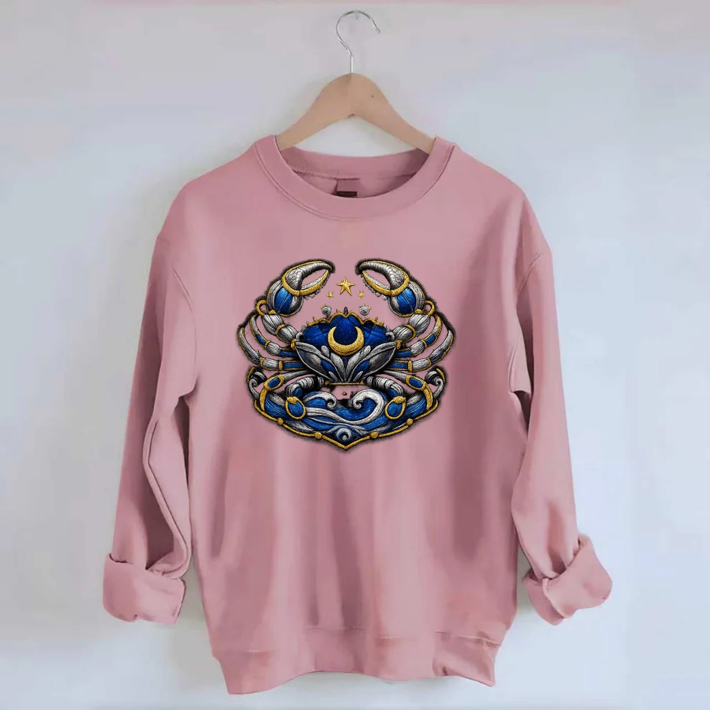 CANCER CRAB - protective crab in silver and blue , water sign - Crewneck Sweatshirt - pink