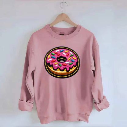 DONUT SPRINKLES - glazed donut with sprinkles in pink and rainbow , sweet - Crewneck Sweatshirt - pink