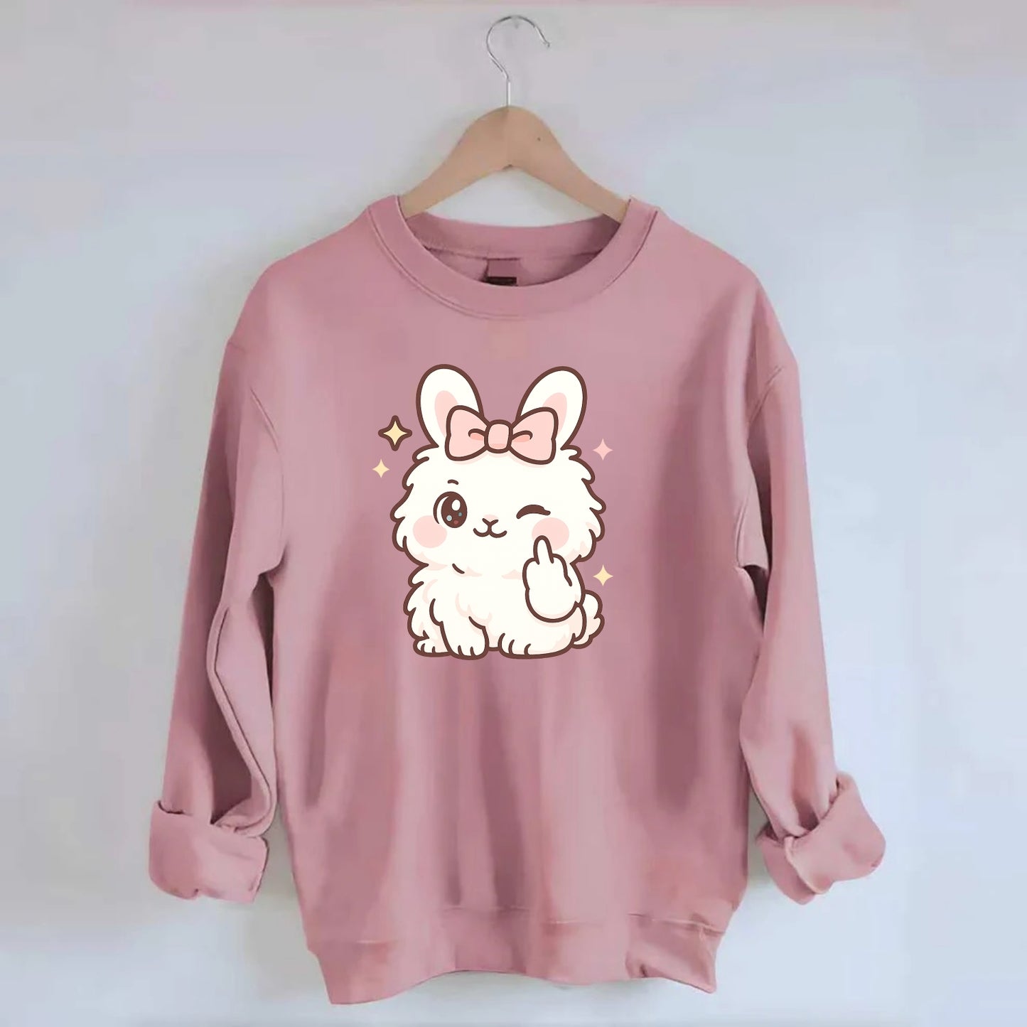 fluffy white angora rabbit with pink bow, one paw delicately flipping off - Crewneck Sweatshirt - pink