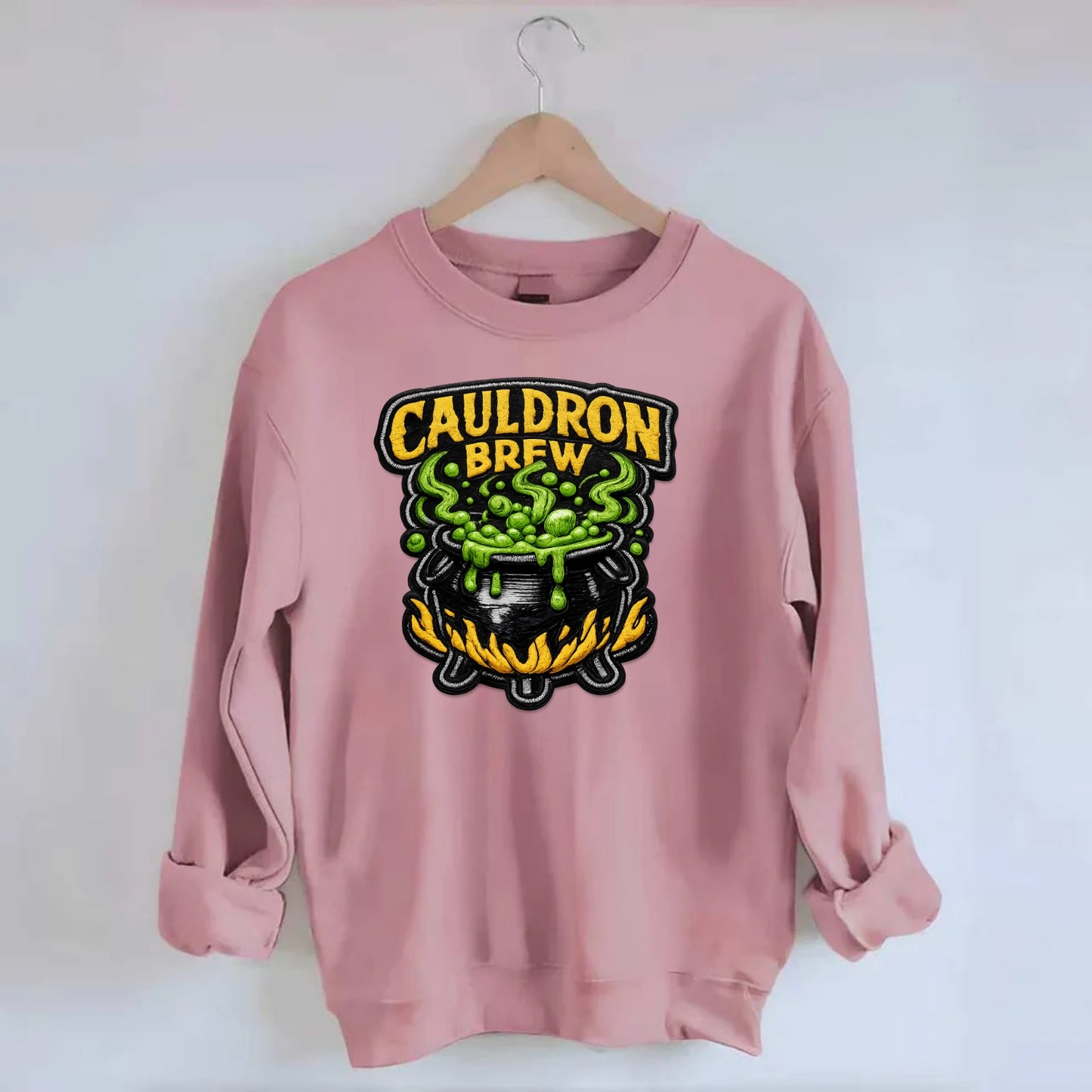 CAULDRON BREW - bubbling pot in black and green , witch craft - Crewneck Sweatshirt - pink