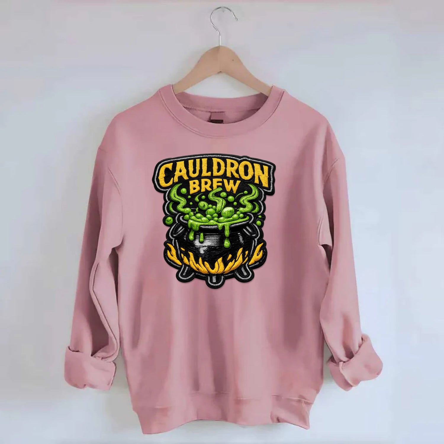 CAULDRON BREW - bubbling pot in black and green , witch craft - Crewneck Sweatshirt - pink