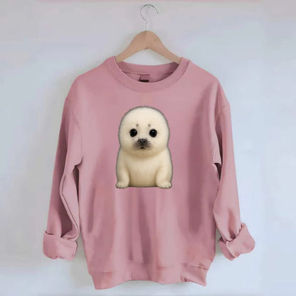 Baby Harp Seal - pure white fluffy fur, enormous dark eyes, front-facing, - Crewneck Sweatshirt - pink