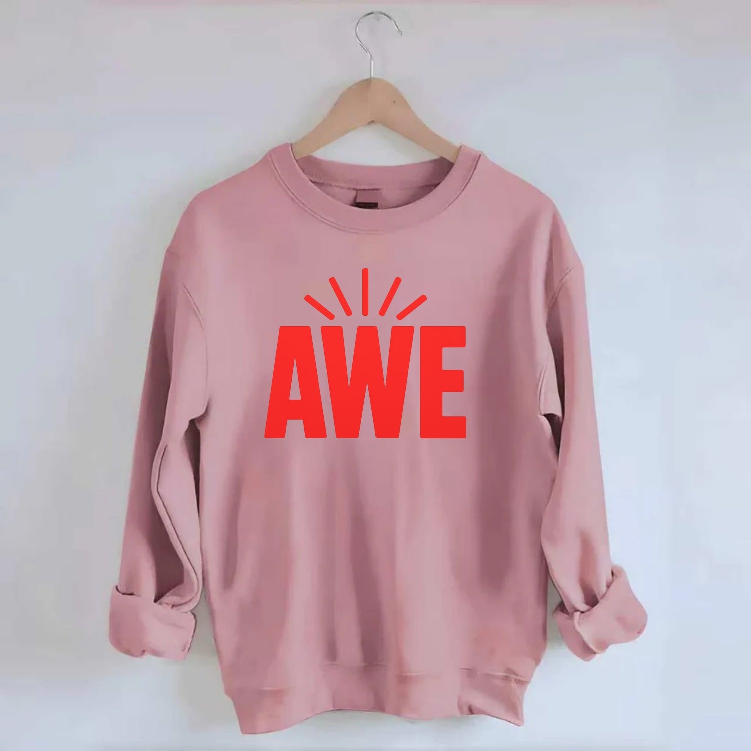 Bold typography design - "AWE" - overwhelming wonder - Crewneck Sweatshirt - pink