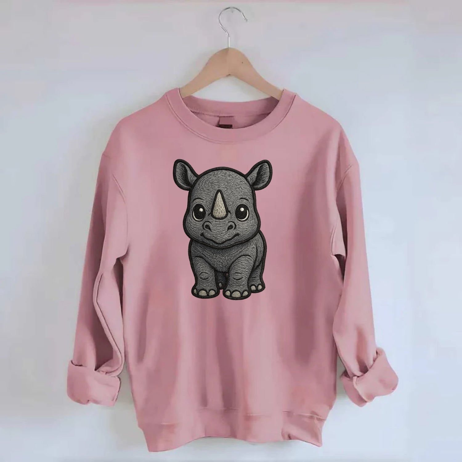 Baby Rhino - gray armor skin, tiny horn nub, round eyes, front-facing, tank - Crewneck Sweatshirt - pink