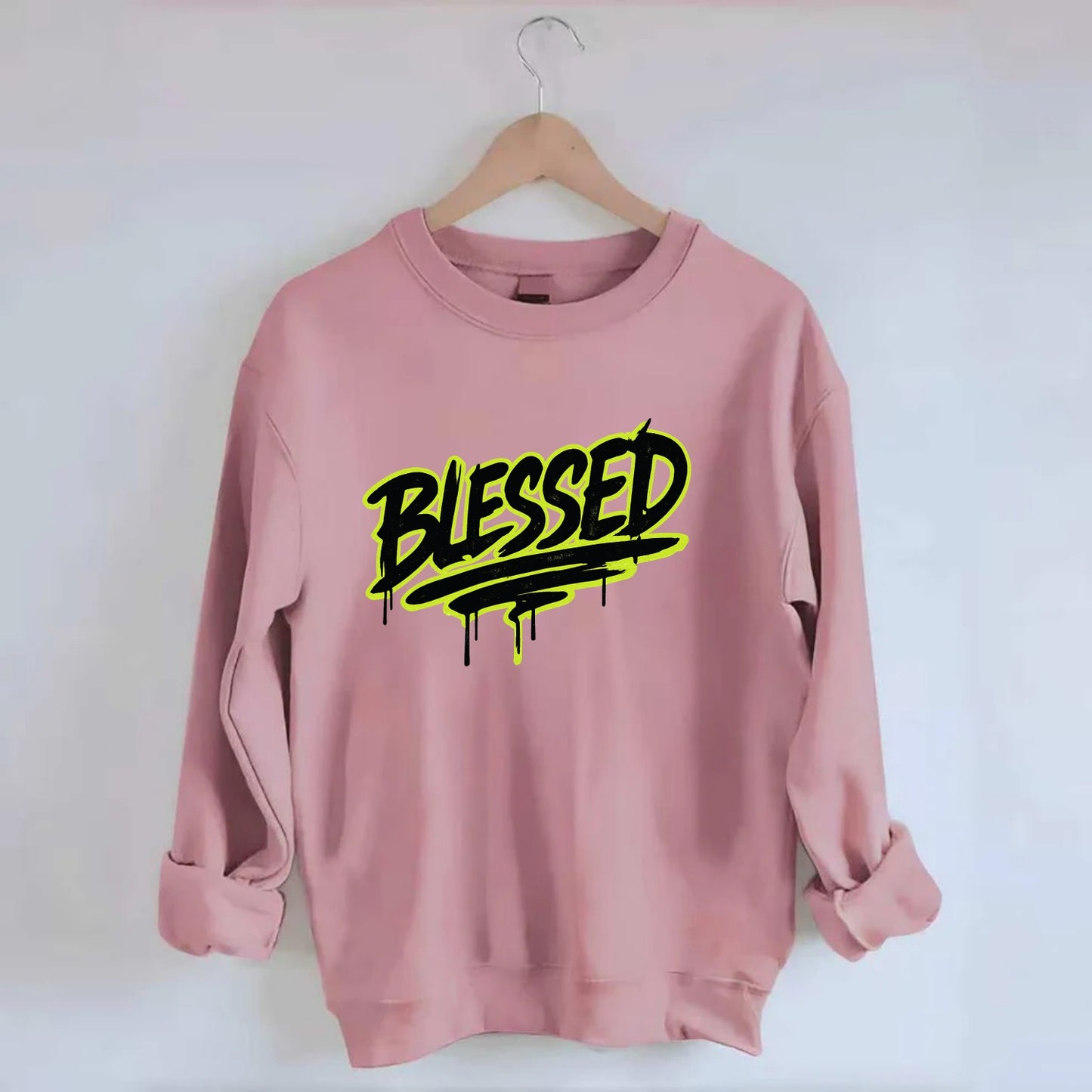 Bold typography design - "BLESSED" - recognizing good fortune, abundance - Crewneck Sweatshirt - pink