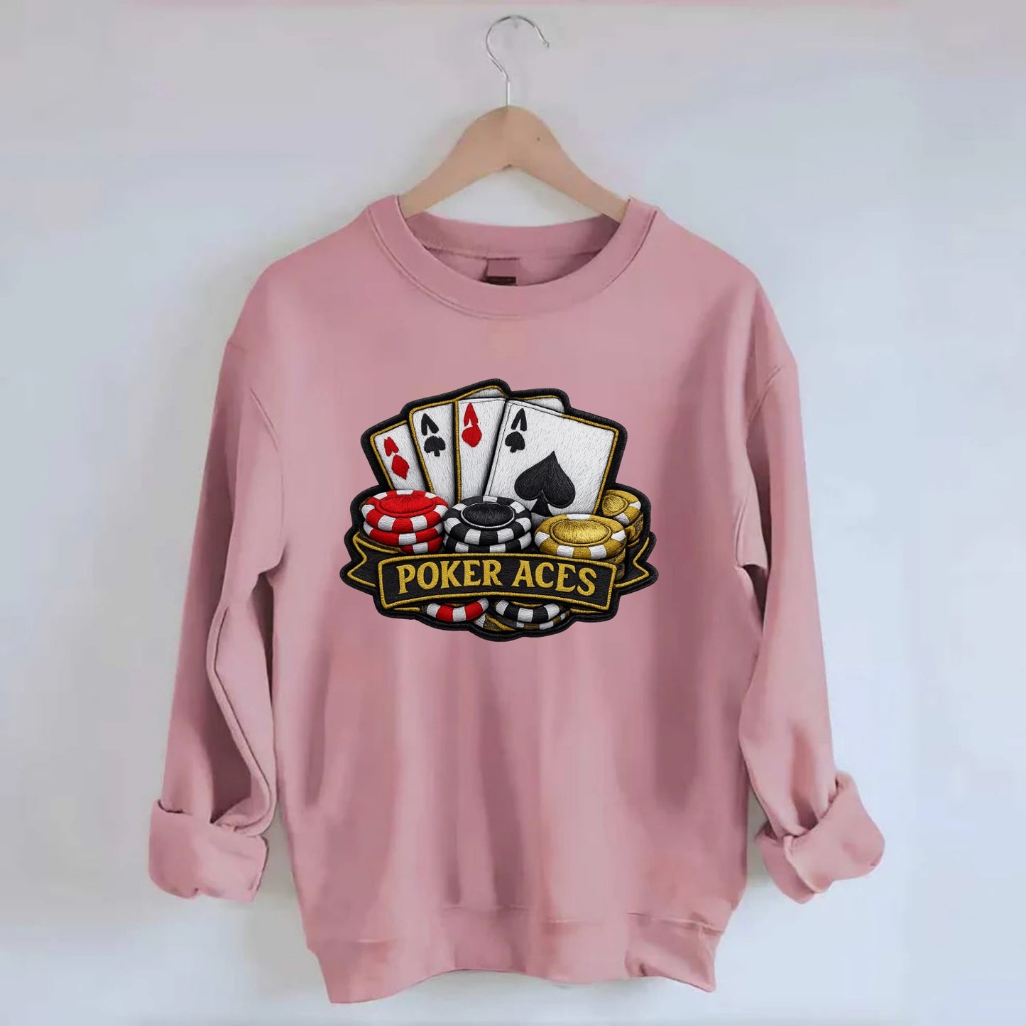 Embroidered patch design - POKER ACES - four aces with chips in red, black - Crewneck Sweatshirt - pink