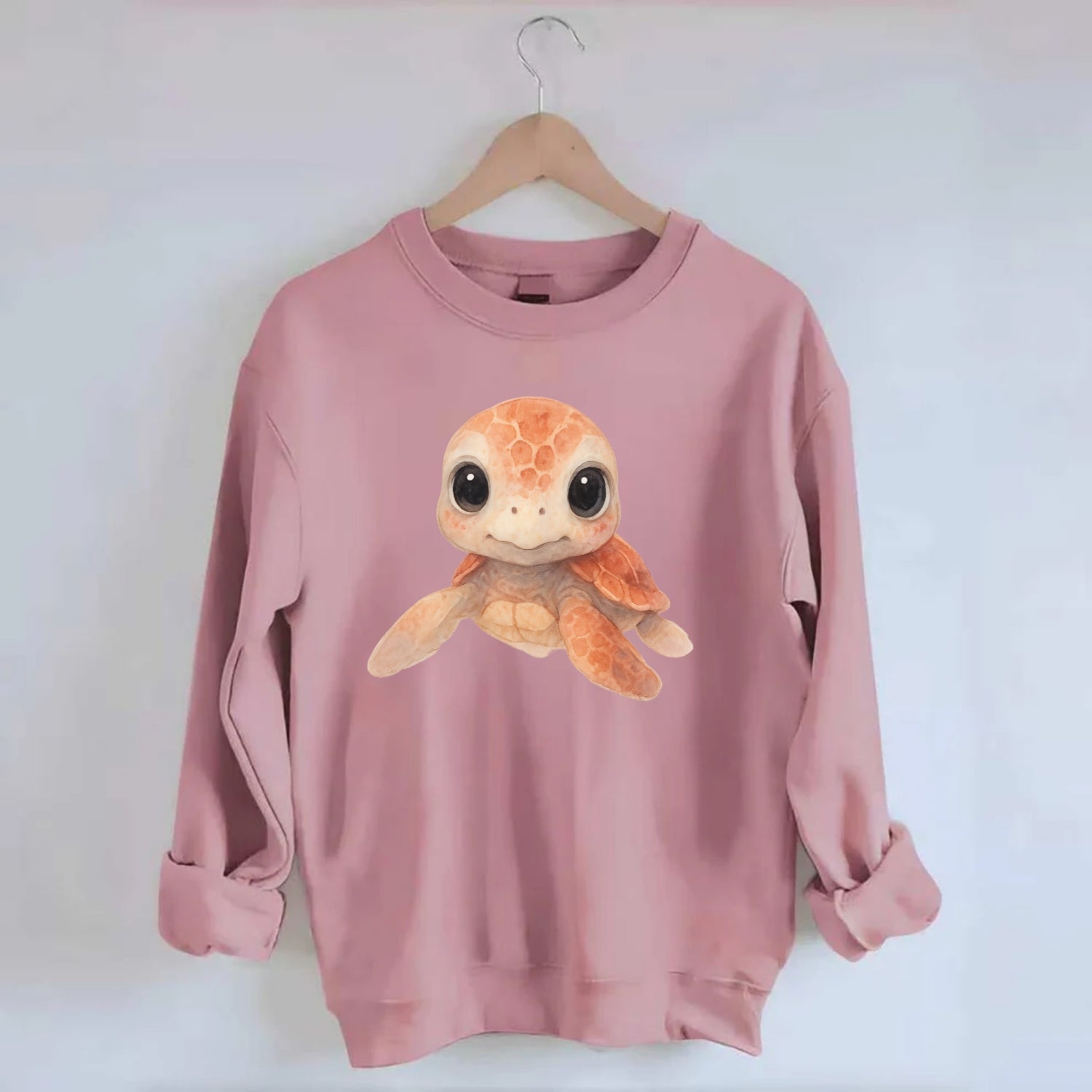 Baby Loggerhead Turtle - reddish-brown shell, big round dark eyes, chunky - Crewneck Sweatshirt - pink