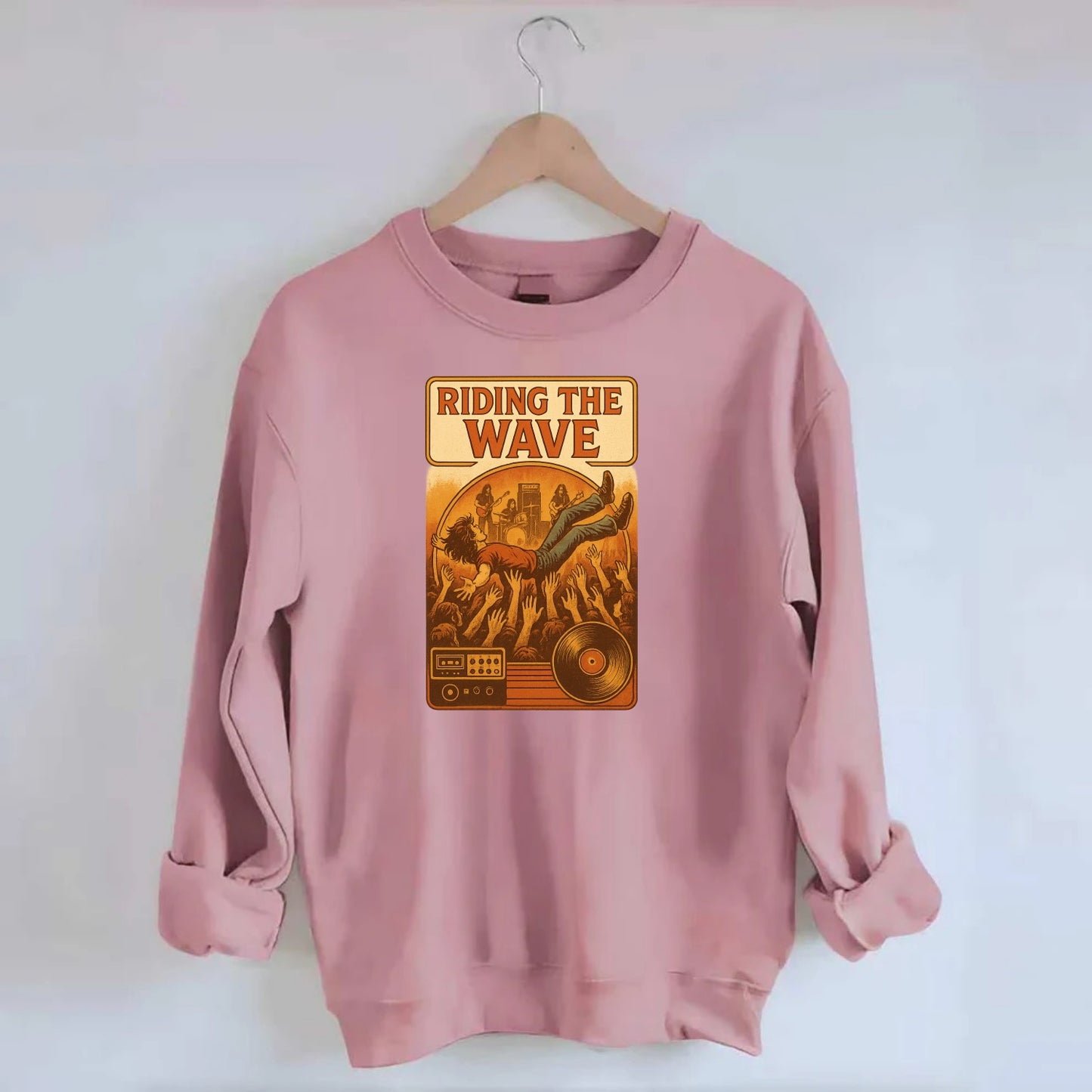 Crowd surfing at packed concert - "Riding the Wave" - concert energy - Crewneck Sweatshirt - pink
