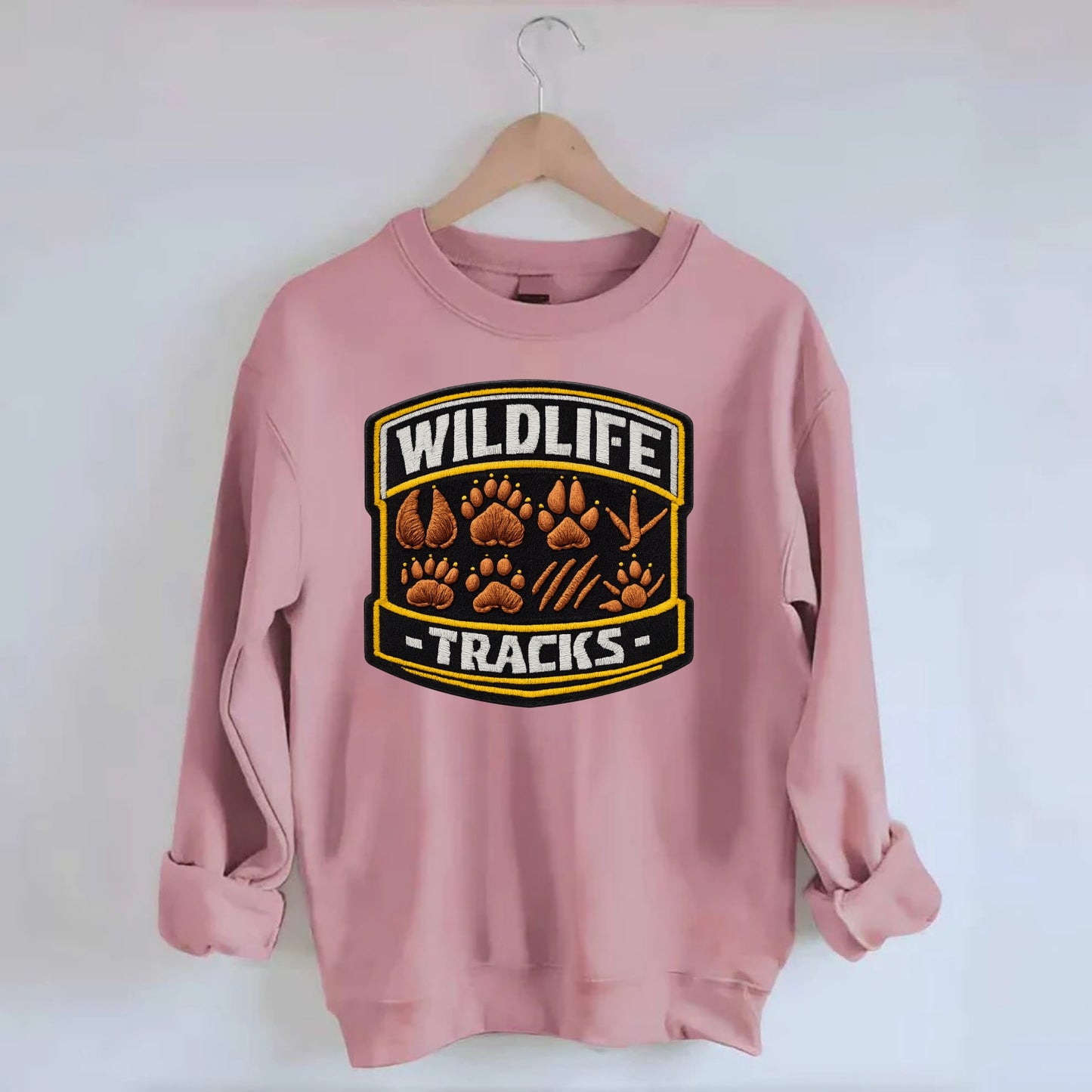 WILDLIFE TRACKS - animal footprints in brown , tracker - Crewneck Sweatshirt - pink