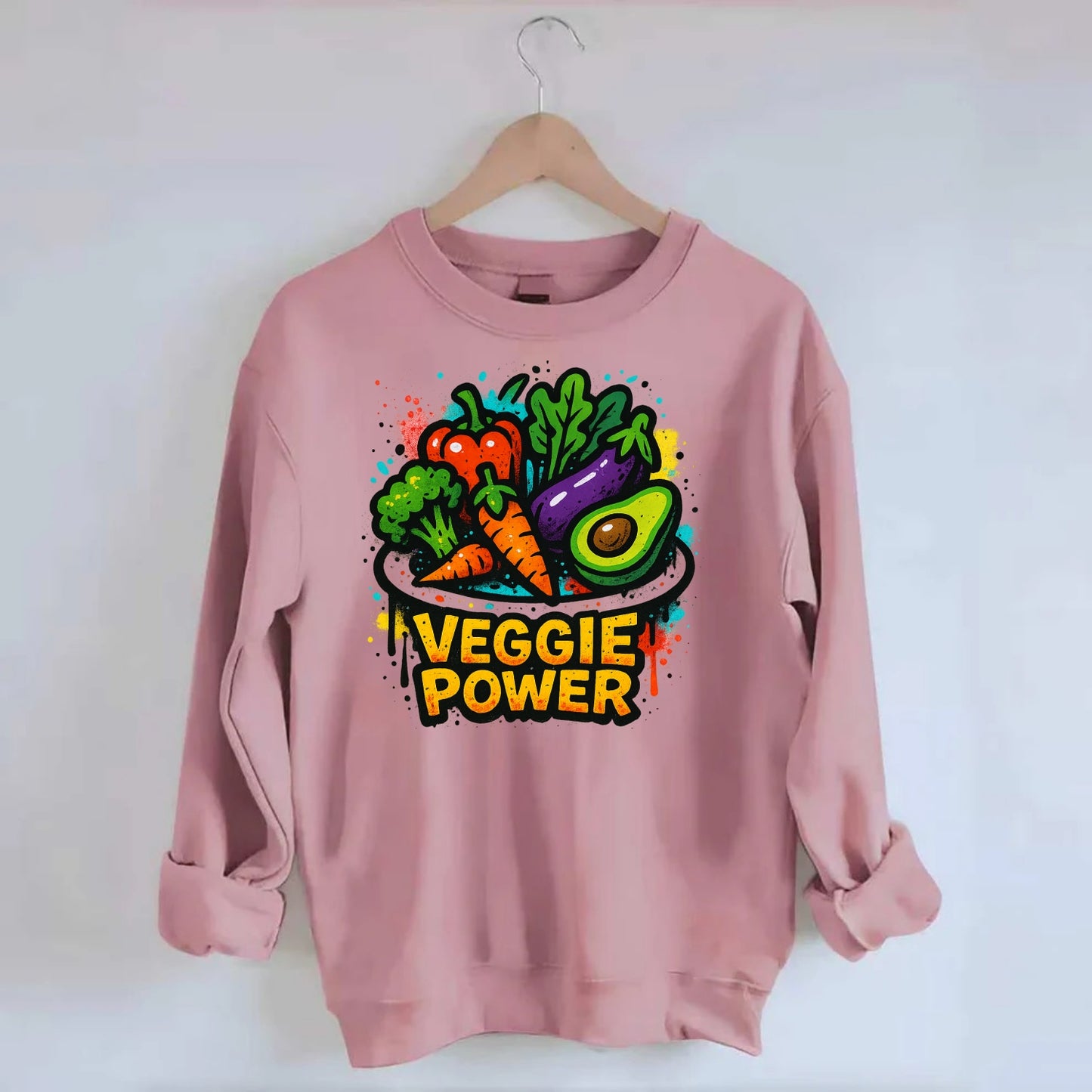 Colorful vegetables and plants on plate - plant-based lifestyle, veggie power - Crewneck Sweatshirt - pink