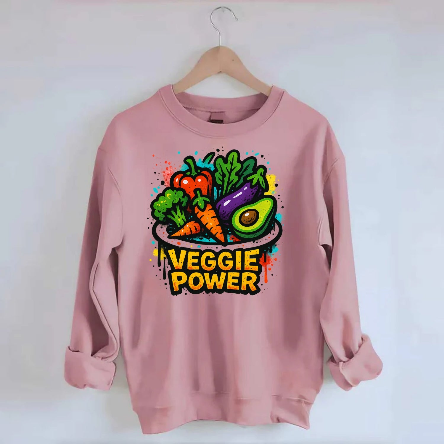 Colorful vegetables and plants on plate - plant-based lifestyle, veggie power - Crewneck Sweatshirt - pink
