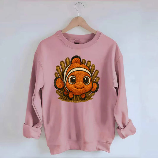 Baby Clownfish - orange with white stripes, big round eyes, front-facing in - Crewneck Sweatshirt - pink