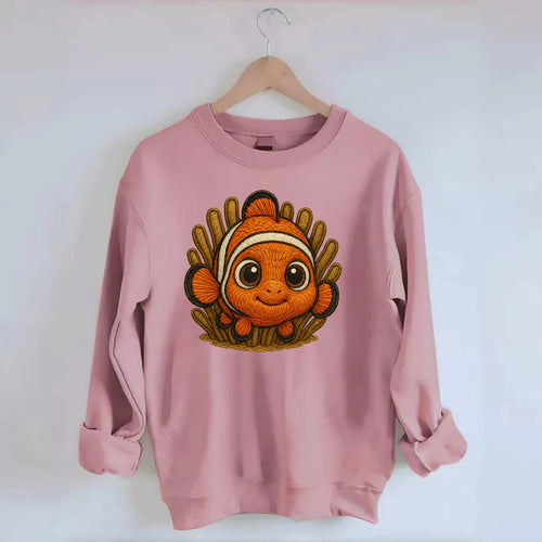 Baby Clownfish - orange with white stripes, big round eyes, front-facing in - Crewneck Sweatshirt