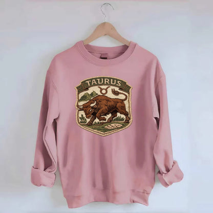 TAURUS BULL - strong bull in brown and green , earth sign - Crewneck Sweatshirt - pink