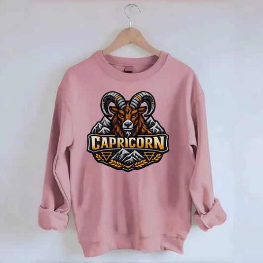 CAPRICORN GOAT - mountain goat in brown and gray , earth sign - Crewneck Sweatshirt - pink