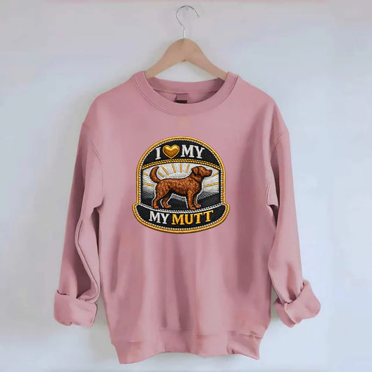 I LOVE MY MUTT - mixed breed silhouette in brown , rescue pride - Crewneck Sweatshirt - pink
