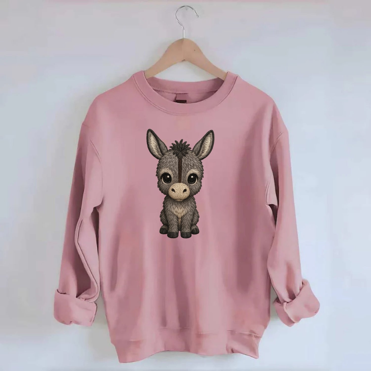 Baby Donkey Foal - gray fluffy, long ears, dark stripe, gentle eyes, - Crewneck Sweatshirt - pink