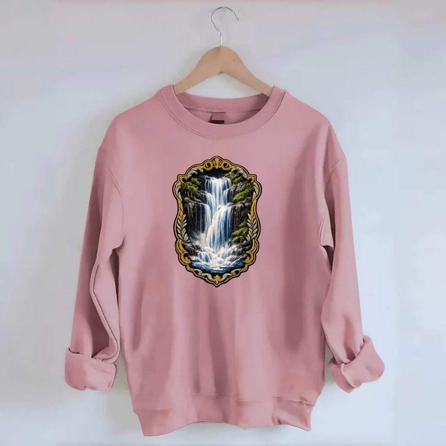 WATERFALL CASCADE - falling water with mist in blue and white , nature wonder - Crewneck Sweatshirt - pink