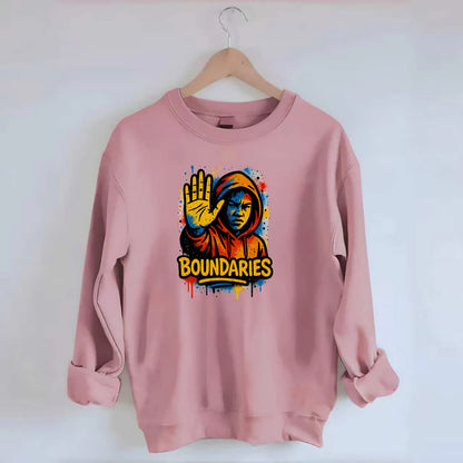 Person holding up hand in "stop" gesture - setting boundaries concept, - Crewneck Sweatshirt - pink